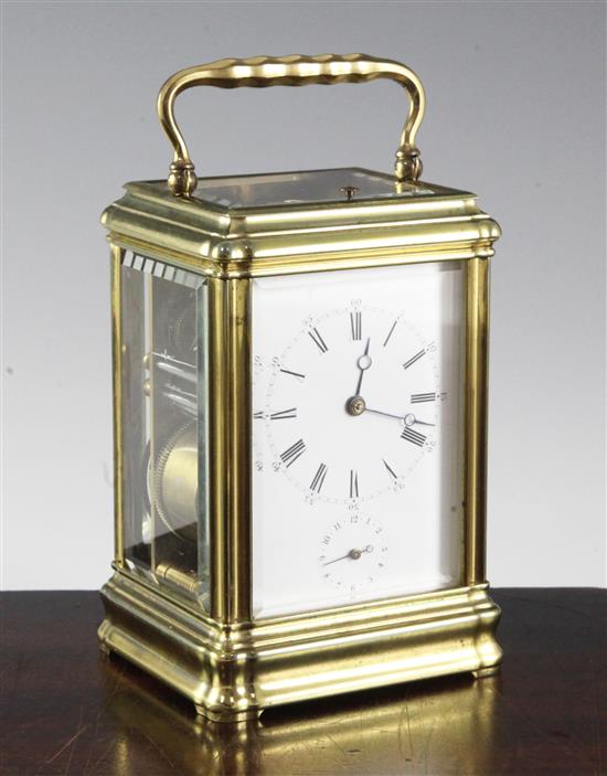 A Drocourt & Cie hour repeating brass alarum quarter repeating carriage clock, 5.75in.